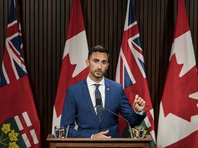 Ontario Minister of Education, Stephen Lecce makes an announcement at Queen's Park in Toronto, on Thurs., Aug, 13, 2020. THE CANADIAN PRESS/Christopher Katsarov ORG XMIT: CKL101