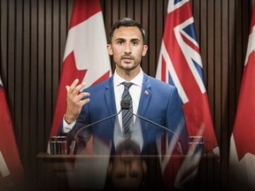 Ontario Minister of Education, Stephen Lecce makes an announcement at Queen's Park in Toronto, on Thurs., Aug, 13, 2020. (THE CANADIAN PRESS/Christopher Katsarov)