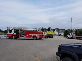 First responders recovered a vehicle and two people, who were pronounced dead at hospital, from the water at Kincardine marina on Thursday. (OPP Twitter)