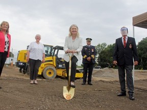 Joanne Vanderheyden, left, second vice-president of the Federation of Canadian Municipalities, Central Elgin Mayor Sally Martyn, Kate Young, Liberal MP for London West, Central Elgin fire Chief Chris McDonough and Elgin County Warden Dave Mennill are in Port Stanley Friday for the ground-breaking ceremony of the community’s new fire station. (JONATHAN JUHA/The London Free Press)