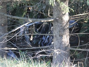Middlesex OPP are investigating following an early Monday single-vehicle crash the killed on man northeast of London. The impact of the crash was so severe, the engine separated from the vehicle after colliding with some trees in the area of Prospect Hill and Eight Mile roads. (JONATHAN JUHA/The London Free Press)