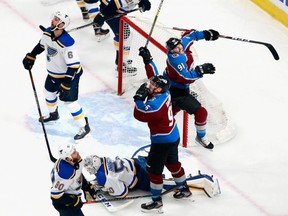 London native Nazem Kadri #91 of the Colorado Avalanche scores the game-winning goal against the St. Louis Blues with zero seconds left in their round-robin game during the 2020 Stanley Cup playoffs in Edmonton on Aug. 2, 2020. (Jeff Vinnick/Getty Images)