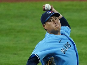 Toronto Blue Jays pitcher Hyun-jin Ryu delivers in the sixth inning against the Baltimore Orioles at Oriole Park at Camden Yards in Baltimore, Md., Aug. 17, 2020.