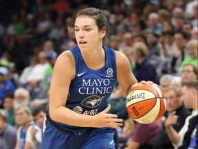 Bridget Carleton of the Minnesota Lynx handles the ball against the Las Vegas Aces on Aug. 25, 2019, at Target Center in Minneapolis, Minn. (Photo by Jordan Johnson/NBAE via Getty Images)