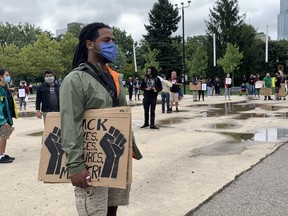 Michael Skyers stands in the crowd at the Black Lives Matter rally in Victoria Park Saturday. Skyers attended the group's first protest on June 6, an event that drew 10,000 people.  Photo taken Aug. 29, 2020. (Jennifer Bieman/The London Free Press)