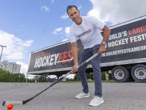 Brad Jones is bringing HockeyFest to the Westmount Shopping Centre's parking lot, by using separated rinks after working with the MLHU to make it safe. (Mike Hensen/The London Free Press)