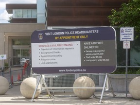 Sign outside police headquarters in London, Ont.  (Mike Hensen/The London Free Press)
