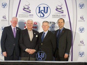 Bill Boland, chair of the local organizing committee and finance director for Skate Canada, John Winston, general manager of Tourism London, David Dore, ISU first vice-president and Brian Ohl, general manager of Budweiser Gardens, pose for a photo at the ISU World Figure Skating Championships at Budweiser Gardens in  March, 2013. (Free Press file photo)