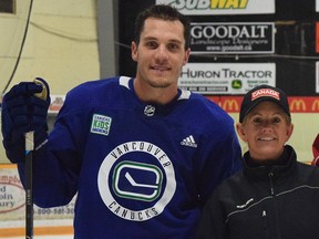 Bo Horvat and Exeter skating coach Kathy McLlwain take a break during a 2018 session. Dan Rolph/Postmedia