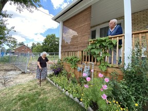 The still-empty site of the Woodman Avenue home explosion beside them, Cristina Hatzikyriakos tends to her garden while her husband, Gerry, watches on. The blast occurred late on the night of Aug. 14, 2019. (JONATHAN JUHA/The London Free Press)