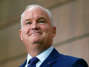 Erin O'Toole, the new leader of the Conservative Party of Canada, holds his first press conference as the leader of the official opposition on Parliament Hill in Ottawa, Ontario, Canada August 25, 2020.