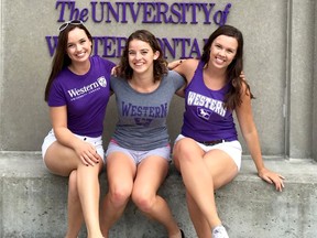 Jocelyn McGlynn, left, who died Saturday, August 15, 2020 after a battle with acute myelomonocytic leukemia, is mourned by childhood friends Anastasia Maslak, centre, and Olivia Pomajba. The trio, from Chatham, attended elementary and high school together and were roommates at Western University in London. (Handout/Chatham Daily News)