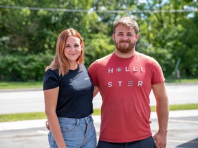 Devon Heather, 22, shown with his wife Lindsay, has a rare eye disease that causes rapid vision loss. Electronic glasses, which cost about $10,000, have shown to improve patients' vision. His glasses, expected to arrive in early September, were purchased with support from the GoFundMe campaign.(Max Martin/The London Free Press)