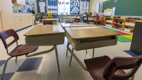 An empty classroom in London.