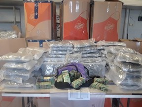 Provincial police seized $802,000 in dried cannabis and $130,000 during a traffic stop after officers spotted a driver using a cellphone on Highway 401 Friday, Middlesex OPP said. Two men are charged. (Supplied)