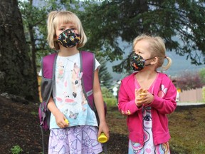 Zola and Tess Burks mask up as children get ready to return to school Sept. 14. By that time, kids in the London area will have been out of the classroom for six months so it's a good idea to start preparing them early.
(Photo Marie Conboy)