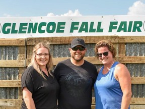 Ashleigh McLean, president of the Glencoe Agriculture Society, past president Jeremy Gough and vice president Kathryn Lambert at the 2019 Glencoe Fall Fair. (Supplied)