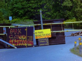 This photo was taken on Day 3 of the First Nations protest at Ipperwash Provincial Park on Sept. 6, 1995. Days later, an unarmed protester, Dudley George, was shot dead by police. (Sam McLeod/The London Free Press)