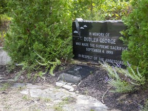 A memorial for Dudley George at Ipperwash Beach. George was fatally shot by an OPP officer at this site on Sept. 6, 1995, 25 years ago. Derek Ruttan/The London Free Press