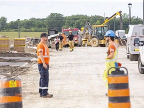 Several residents were evacuated from their Applerock Avenue homes east of Bridgehaven Drive after a construction crew accidentally severed a natural gas line in London, Ont. on Wednesday September 2, 2020. (Derek Ruttan/The London Free Press)