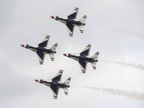 The USAF Thunderbirds air demonstration squadron performs  at Airshow London on Sunday. The only air show to be held in Canada this year was a drive-in event to keep spectators socially distanced. Derek Ruttan/The London Free Press/Postmedia Network