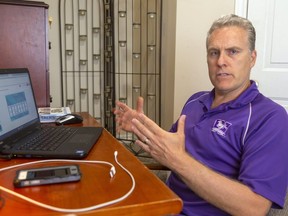 Greg Murray, a London teacher, talks Friday about the new software he has to learn to teach online for the Thames Valley District school board this school year. (Mike Hensen/The London Free Press)