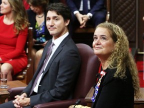 Prime Minister Justin Trudeau and Governor-General Julie Payette wait to deliver the throne speech in the Senate chamber on Dec. 5 in Ottawa.