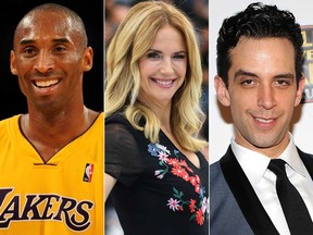 Kobe Bryant, left, Kelly Preston, centre, and Nick Cordero were left out of the Emmys "In Memoriam" segment.