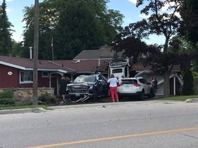 One person was taken to hospital after a car crashed into a house in Sarnia. (Photo submitted by Carrie Beauchamp)