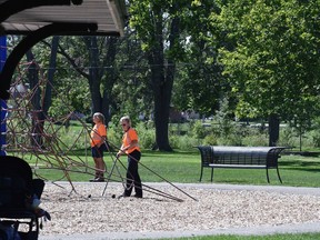 Woodstock city parks staff were in Southside Park Tuesday, inspecting the baseball diamond and playground equipment after thumb tacks and sewing needles were found strewn in high-traffic areas in the playground at two different times one day prior. That is the fourth and fifth such incident at the park this summer.