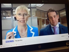 Siskinds employment lawyers Elizabeth Traynor, left, and Chris Sinal discuss labour issues and the workplace during the virtual Manufacturing Matters conference in London Thursday, Oct. 1. (Screenshot)