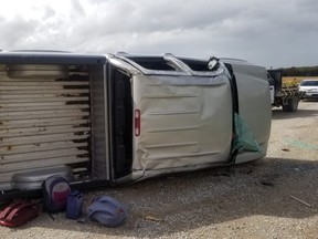 "The truck will be going to the junk yard," said the OPP after five teenage boys escaped serious injury in a rollover near Clinton. (Supplied photo Huron OPP)