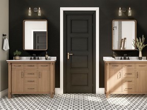 A feature wall of tile and vanities that emulate furniture are easy on-trend additions to update a bathroom. Bellington 42-inch vanity in almond toffee with marble vanity, $899, homedepot.ca