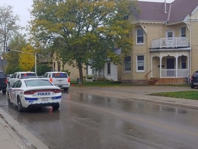 London police officers patrol Stanley Street amid reports of an armed person Monday morning. Photo taken Monday Oct. 19, 2020. (Submitted photo)