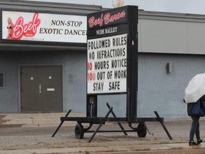 The Beef Baron at 624 York St. has been closed since the province ordered all strip clubs to close indefinitely on Sept. 26 amid the COVID-19 pandemic. (DALE CARRUTHERS, The London Free Press)