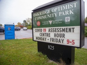 The COVID-19 assessment centre at Oakridge Optimist community park is open by appointment only after the second wave created long lineups and early closings. (Derek Ruttan/The London Free Press)