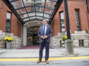 Delta London Armouries general manager Gerry Champagne at the hotel's main entrance in London on Thursday October 22, 2020. (Derek Ruttan/The London Free Press)