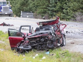 A person was taken to hospital with life-threatening injuries after a car and dump truck collided on Highbury Avenue  just north of Carr Road on Friday afternoon. (Derek Ruttan/The London Free Press)