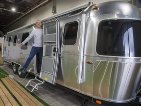 David Uram, president of Factory Bucket, has an Airstream set up at Western Fair District he uses for an office. The London software company is one of three local companies receiving loans from a federal agency that will allow them to expand and hire more workers. (Derek Ruttan/The London Free Press)