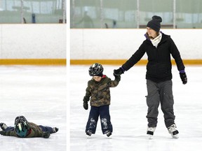 Three-year-old Asher Slee and mom Alyssa took part in a Moms and Tots skating program at Nichols Arena in February. Public skating returns to most London arenas, starting Nov. 9. (Derek Ruttan/The London Free Press)