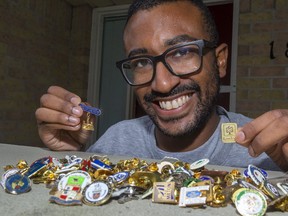 Cedric Richards, shows off his 92 municipality pins toward of his goal of of collecting them from all 444 municipalities in Ontario.
(Mike Hensen/The London Free Press)