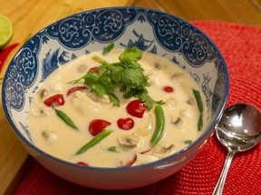 With flavour fuelled by curry paste and kaffir lime leaves, Thai Coconut Chicken Soup is a tasty twist on traditional broth. (Mike Hensen/The London Free Press)