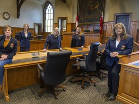 All five women from the Middlesex County council  have banded together to form a women's caucus to deal with COVID-19 fallout. 

From left Cathy Burghardt-Jesson, Warden of Middlesex County; Aina DeBiet, Mayor of Middlesex-Centre; Alison Warwick, Mayor of Thames Centre; Kelly Elliot, Deputy Mayor of Thames Centre; and Joanne Vanderheyden, Mayor of Strathroy-Caradoc.

Photograph taken on Friday October 30, 2020 in County council chambers. 

Mike Hensen/The London Free Press/Postmedia Network