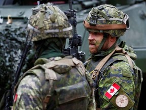 Canadian troops of NATO enhanced Forward Presence battle group attend a military drill during the COVID-19 outbreak near Daugavpils, Latvia, April 15, 2020.