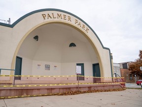 The bandshell at Palmer Park in downtown Aylmer has been fenced off, with no-trespassing signs installed, after it was used without permission for an anti-lockdown rally Oct. 24. A second anti-lockdown rally is planned for this Saturday. (MAX MARTIN, The London Free Press)