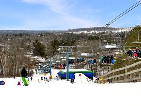With a vertical rise of 220 feet, 16 trails are prepared for downhill skiing and snowboarding.