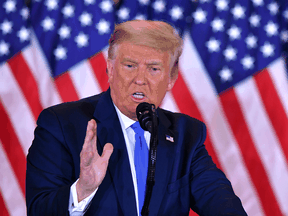 U.S. President Donald Trump speaks during election night in the East Room of the White House in Washington, DC, early on November 4, 2020.