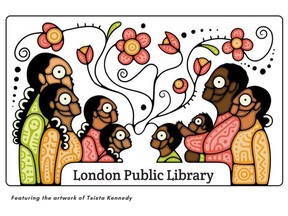 The London Public Library celebrates its anniversary with a new library card designed by London artist Tsista Kennedy. The image connects people and the environment with woodland-style flowers.