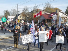 Police estimate between 1,700 and 2,000 people gathered to protest public health measures to control the coronavirus Saturday in Aylmer.  (Derek Ruttan/The London Free Press)
