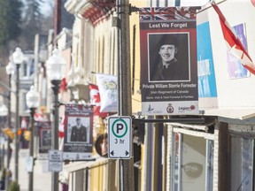 The St. Marys Legion spearheaded a successful campaign to have 55 banners featuring the town's veterans posted on lampposts and in storefronts as seen here on Tuesday. (Derek Ruttan/The London Free Press)